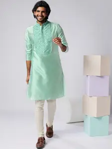 KISAH Geometric Embroidered Mandarin Collar Straight Kurta with Churidar