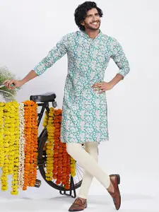 KISAH Floral Printed Mandarin Collar Pure Cotton Straight Kurta with Churidar