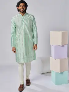 KISAH Mandarin Collar Embroidered Regular Sequinned Kurta With Churidar