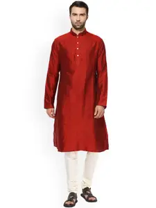 KISAH Men Red & White Solid Kurta with Churidar
