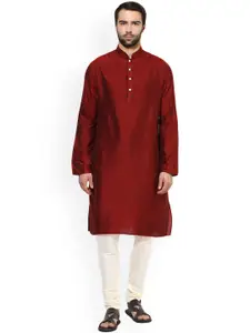 KISAH Men Maroon & White Solid Kurta with Churidar