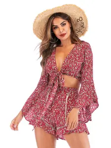 StyleCast Red Floral Printed V-Neck Top With Shorts