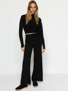 Trendyol Ribbed Long Sleeves High Neck Acrylic Crop Top With Flared Trousers