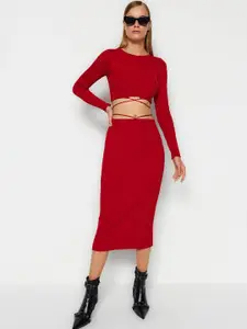Trendyol Self Design Crop Top With Pencil Skirt Co-Ords