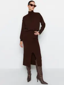 Trendyol Turtle-Neck Sweater With Slit-Front Straight Skirt Acrylic Co-Ords