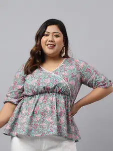 Janasya Plus Size Floral Printed V-Neck Cotton Peplum Top