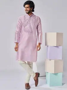 KISAH Geometric Embroidered Thread Work Straight Kurta With Churidar