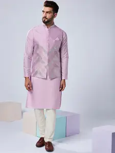 KISAH Mandarin Collar Art Silk Straight Kurta With Trousers & Nehru Jacket