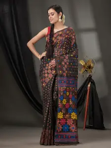 Charukriti Floral Woven Design Zari Pure Cotton Jamdani Saree