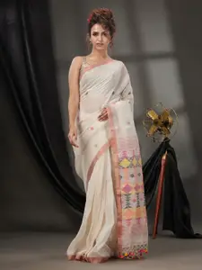 Charukriti Ethnic Motifs Woven Design Zari Detailed Pure Linen Saree