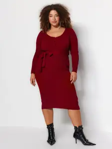 Trendyol Plus Size Self Design Belted Bodycon Midi Dress