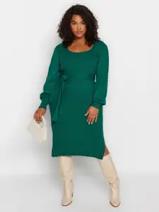 Trendyol Plus Size Ribbed Cuffed Sleeves Scoop Neck Acrylic A-Line Dress