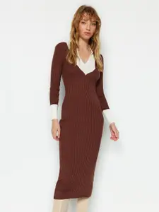 Trendyol Colourblocked Shirt Collar Acrylic Sheath Midi Dress