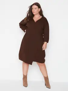 Trendyol Plus Size Ribbed V-Neck Acrylic Wrap Dress