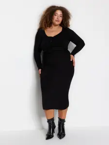 Trendyol Plus Size Ribbed Round Neck Acrylic Bodycon Midi Dress