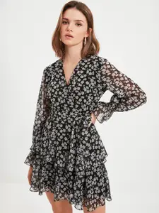 Trendyol Floral Printed V-Neck Fit & Flare Layered Dress
