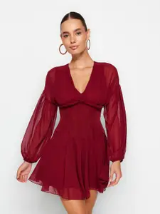 Trendyol V-Neck Puff Sleeve Gathered A-Line Mini Dress