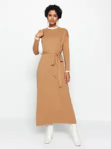Trendyol High Neck Drop-Shoulder Sleeves Belted A-Line Midi Dress