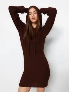 Trendyol Ribbed Hooded Acrylic Mini Jumper Dress