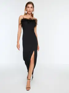 Trendyol Faux Fur Trim Side Slit Strapless Maxi Dress