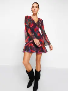 Trendyol Abstract Printed Bell Sleeves A-Line Mini Dress