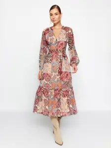 Trendyol Ethnic Motifs Printed Puff Sleeves A-Line Midi Dress