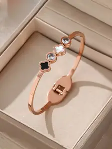 Jewels Galaxy Women Rose Gold Plated Leaf Clover Stainless Steel Bangle-Style Bracelet