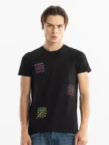 Snitch Black Graphic Printed Cotton T-shirt