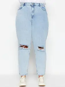Trendyol Women Plus Size Mid-Rise Slash Knee Light Fade Cotton Cropped Jeans