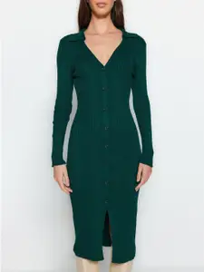 Trendyol Self Design Shirt Collar Sheath Midi Dress