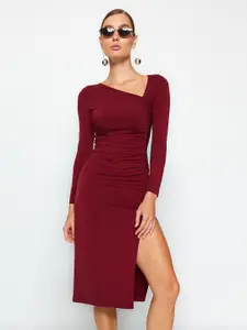 Trendyol Asymmetric Neck Long Sleeve Ruched Sheath Dress