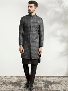 KISAH Self-Design Jacquard Sherwani Kurta With Trousers Set