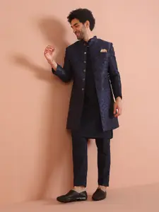 KISAH Men Self-Design Khari Print Kurta With Indowestern Sherwani & Trouser