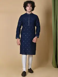 MAAHI FABS Ethnic Embroidered Mandarin Collar Thread Work Pure Silk Straight Kurta