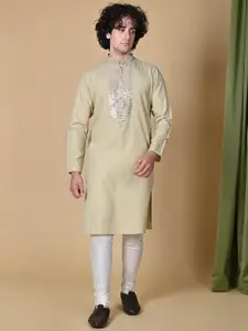 MAAHI FABS Geometric Yoke Design Mandarin Collar Mirror Work Brasso Weave Straight Kurta