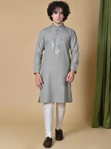 MAAHI FABS Geometric Yoke Design Mandarin Collar Mirror Work Brasso Weave Straight Kurta