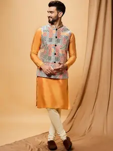 KISAH Mandarin Collar Regular Kurta With Churidar & Nehru Jacket