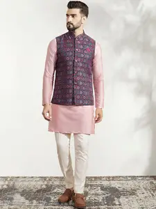 KISAH Mandarin Collar Kurta With Pyjamas & Printed Nehru Jacket