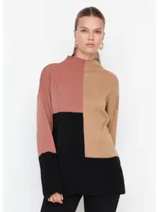 Trendyol Colourblocked High Neck Pure Acrylic Longline Pullover Sweaters