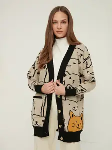 Trendyol Conversational Printed Long Sleeves Pure Acrylic Longline Cardigan Sweaters
