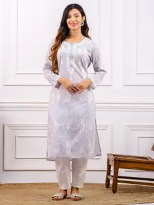 Chowkhat Floral Embroidered Straight Pure Cotton Kurta
