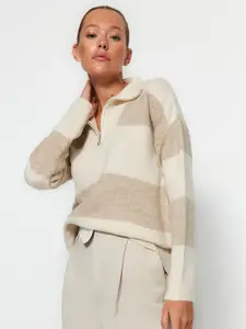 Trendyol Colourblocked Ribbed Half Zipper Pullover