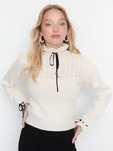 Trendyol Open Knit Self Design Mock Neck Tie-Up Pullover