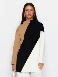 Trendyol Colourblocked Mock Neck Acrylic Longline Pullover
