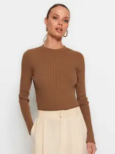 Trendyol Women Brown Ribbed Acrylic Pullover Sweater