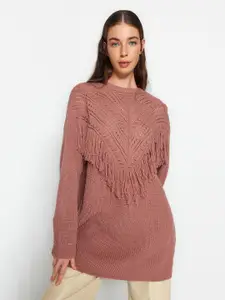 Trendyol Open Knit Self Design Acrylic Longline Pullover With Fringed Detail