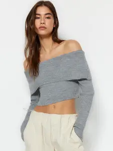 Trendyol Ribbed Off Shoulder Pure Acrylic Crop Pullover