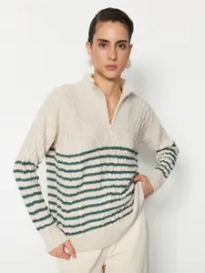 Trendyol Cable Knit Self Design Half Zipper Turtle Neck Acrylic Pullover Sweater