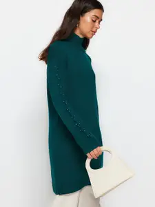 Trendyol Turtle Neck Acrylic Longline Pullover Sweater with Embellished Detail