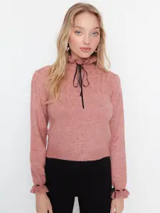 Trendyol Self Design Tie-Up Neck Bell Sleeves Pullover Sweater